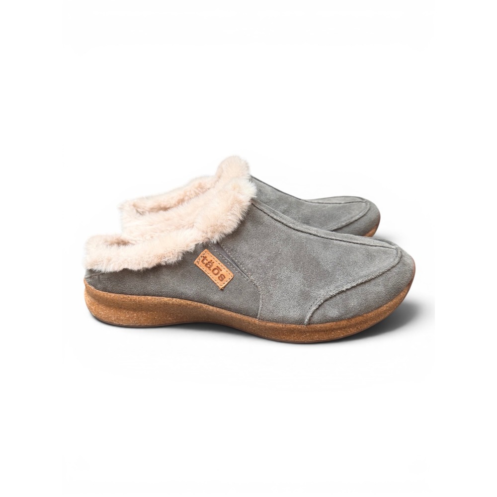 Taos Clogs Womens 11 Grey Future Suede Faux Fur Lined Supportive Comfort Mules